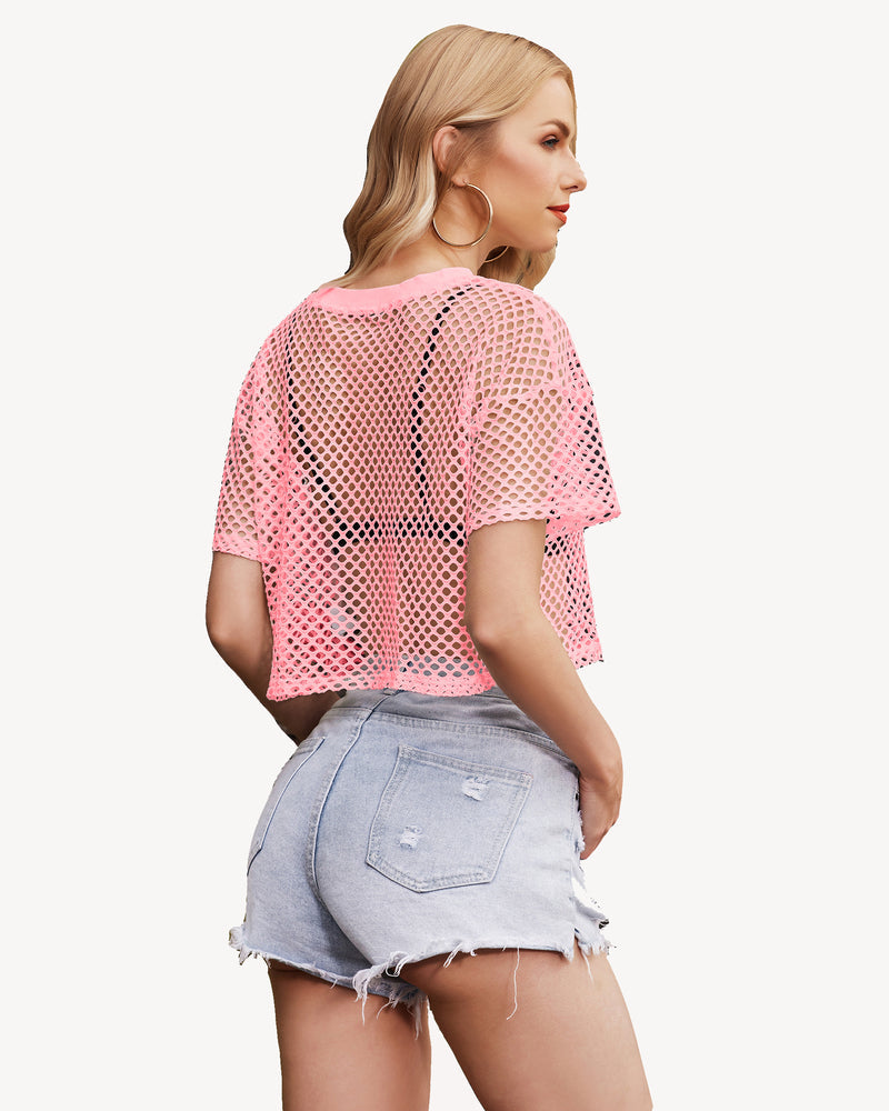 Sheer fishnet crop top with short sleeves, light pink, back view