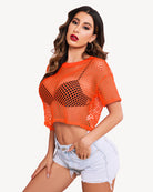 Sheer fishnet crop top with short sleeves, orange, round neckline