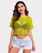 Neon yellow sheer fishnet crop top with short sleeves and crew neck