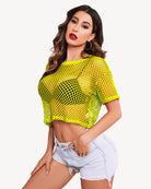 Neon yellow sheer fishnet crop top with short sleeves and crew neck (side view)