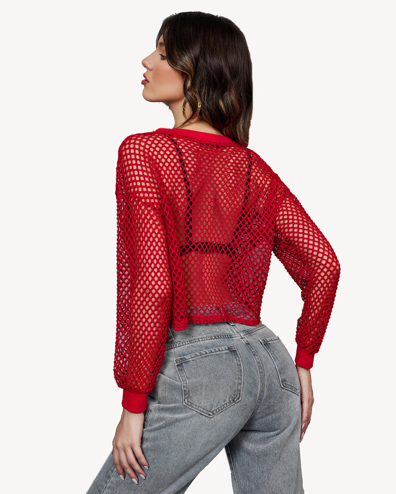 Sheer fishnet crop top with long sleeves, red, open back view