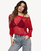 Sheer fishnet crop top with long sleeves and off-shoulder look, red