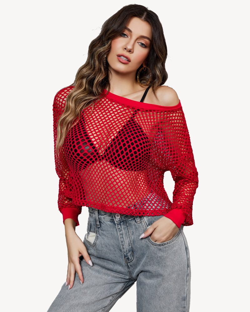 Sheer fishnet crop top with long sleeves and off-shoulder look, red