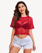 Sheer fishnet crop top with short sleeves, red, round neckline