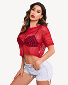 Sheer fishnet crop top with short sleeves, red, round neckline