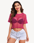 Sheer fishnet crop top with short sleeves, pink, round neckline
