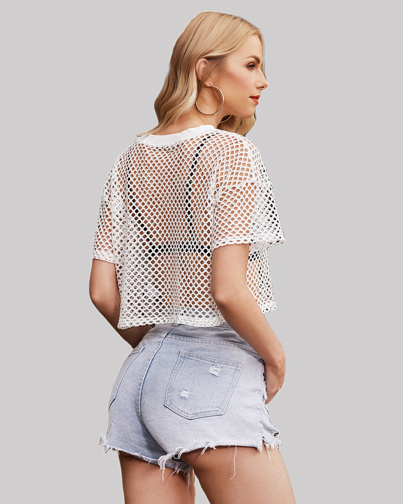 White sheer fishnet crop top with short sleeves and crew neck (back view)