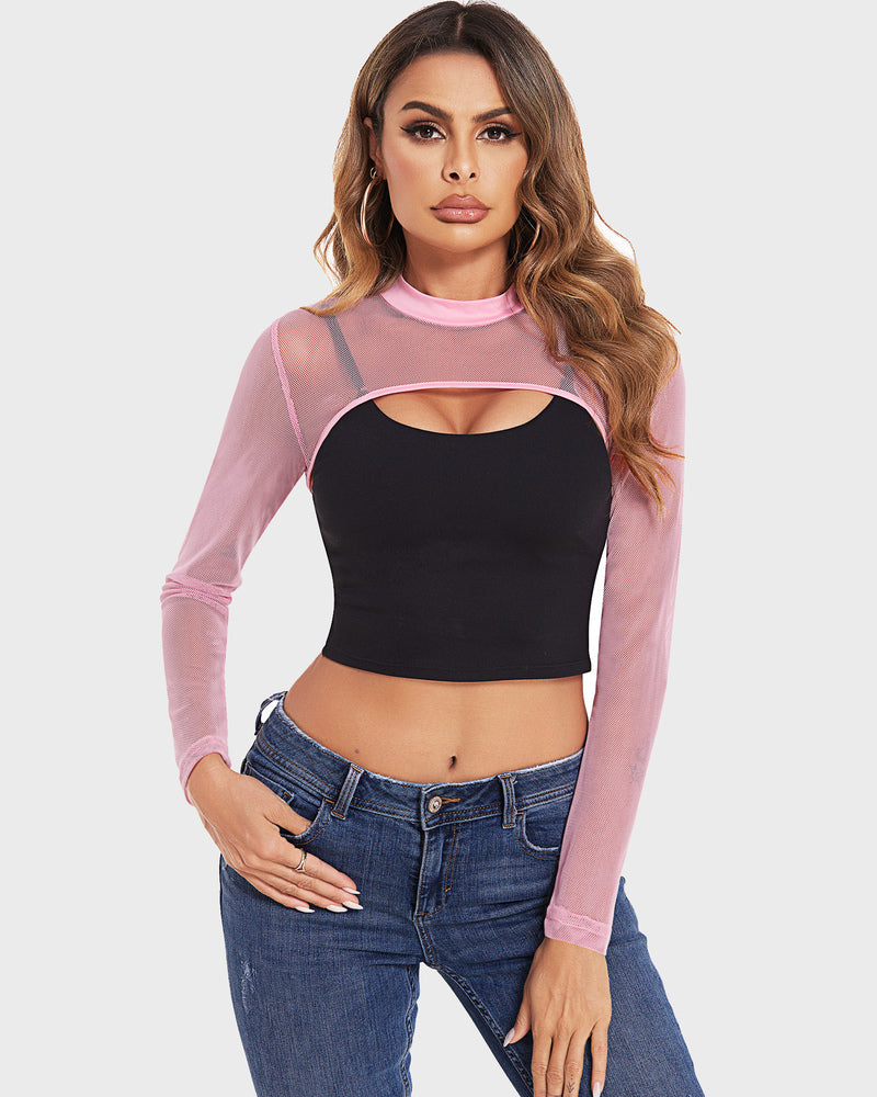 Mock neck long sleeve crop top with sheer pink sleeves and black chest cutout