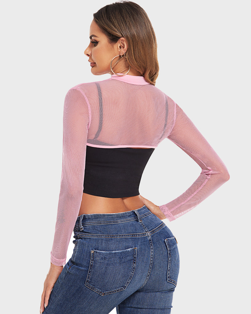 Mock neck long sleeve crop top from the back; sheer pink sleeves over black