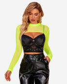 Neon green mock-neck long-sleeve crop top in sheer mesh with cutout front