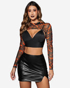 Mock neck long sleeve crop top, black with sheer long sleeves and orange print