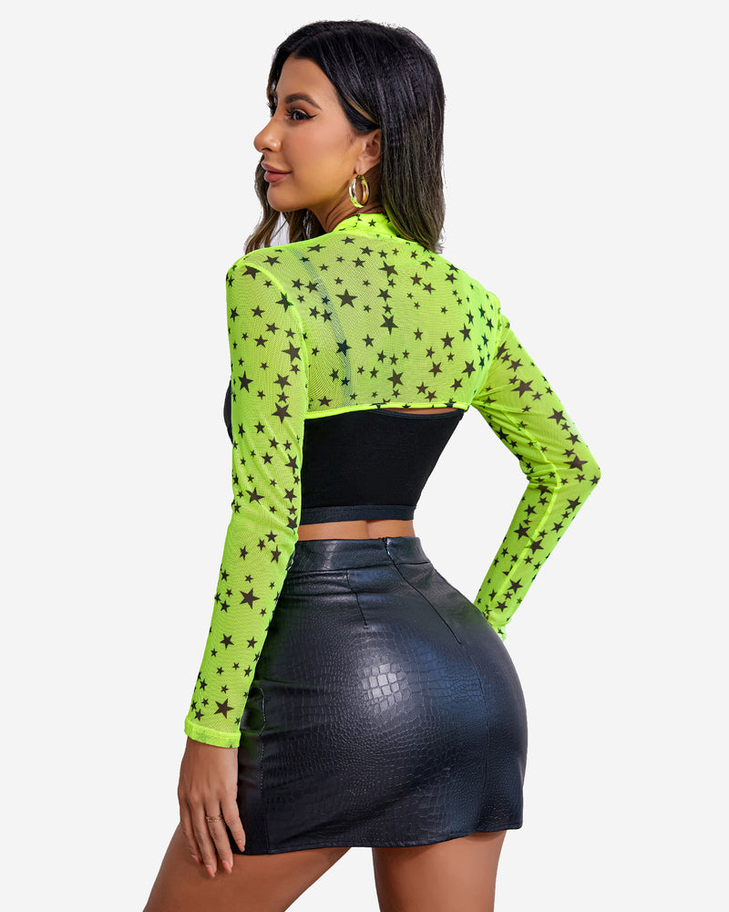 Neon green star-print mock-neck long-sleeve crop top in sheer mesh, back view