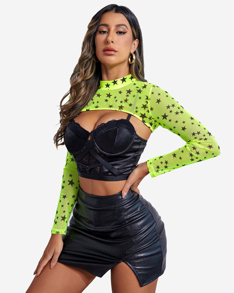 Neon green star-print mock-neck long-sleeve crop top in sheer mesh, front view