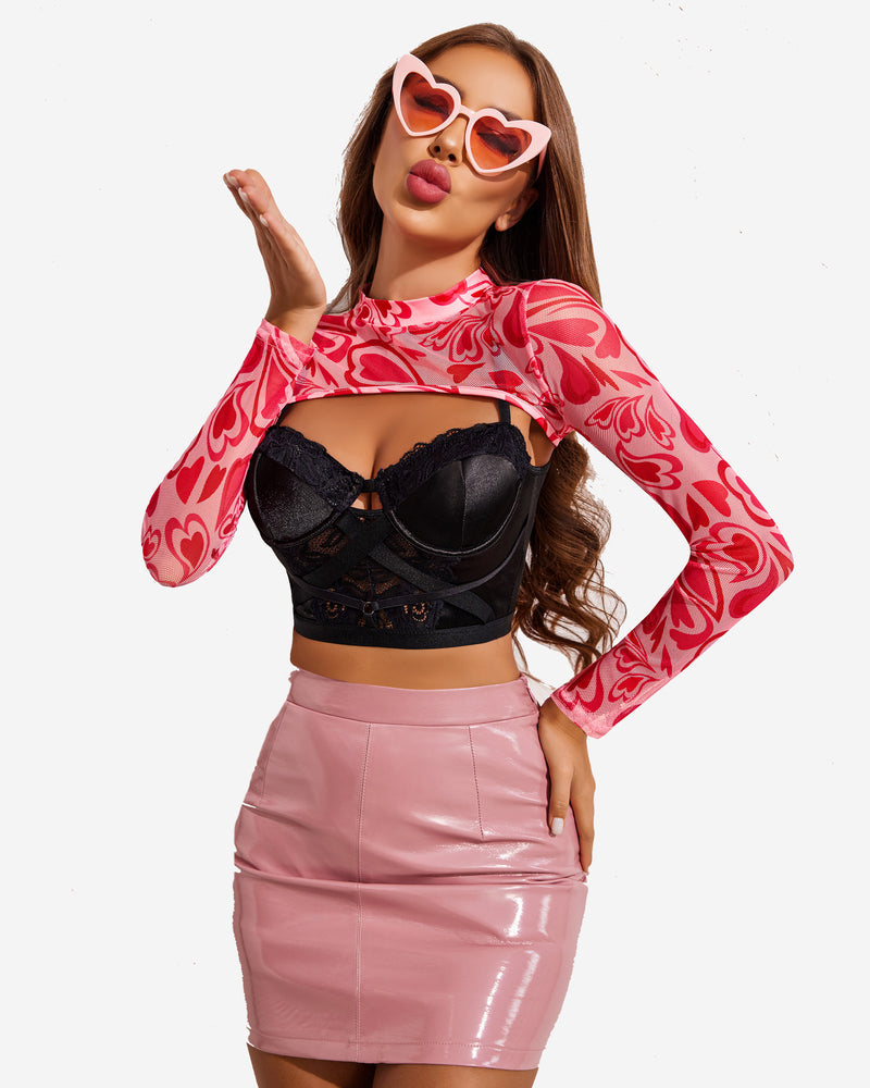 Red-and-white swirl mock-neck long-sleeve crop top in sheer mesh, front view