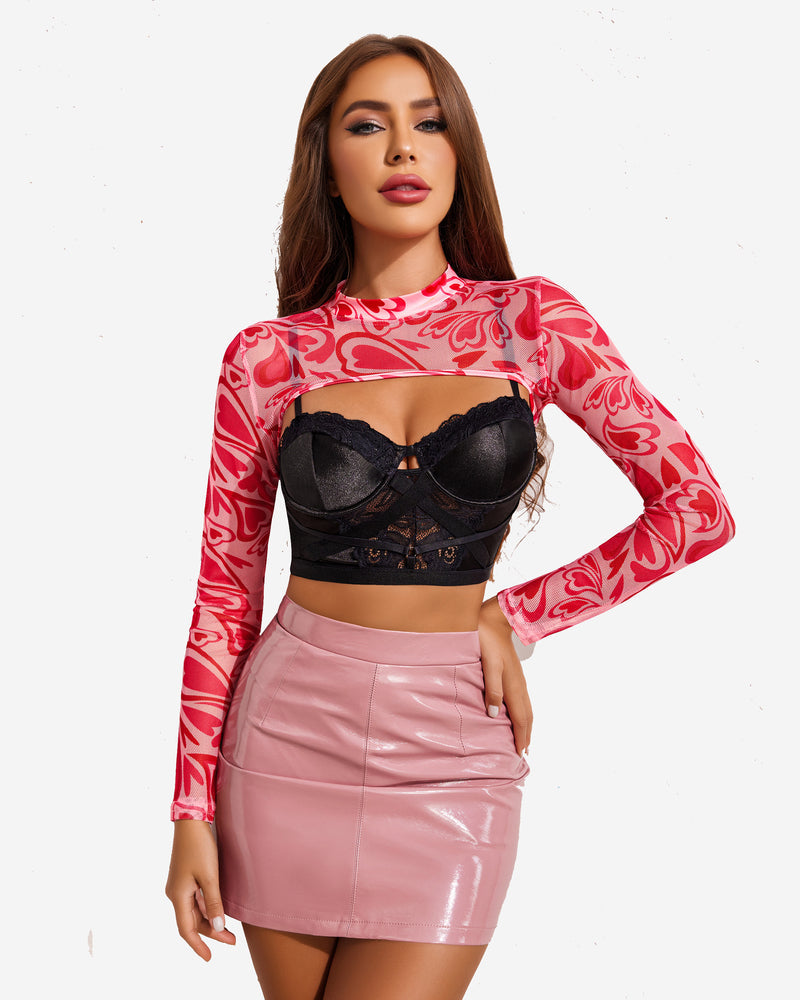 Red and white swirl print mock neck long sleeve crop top, front view.