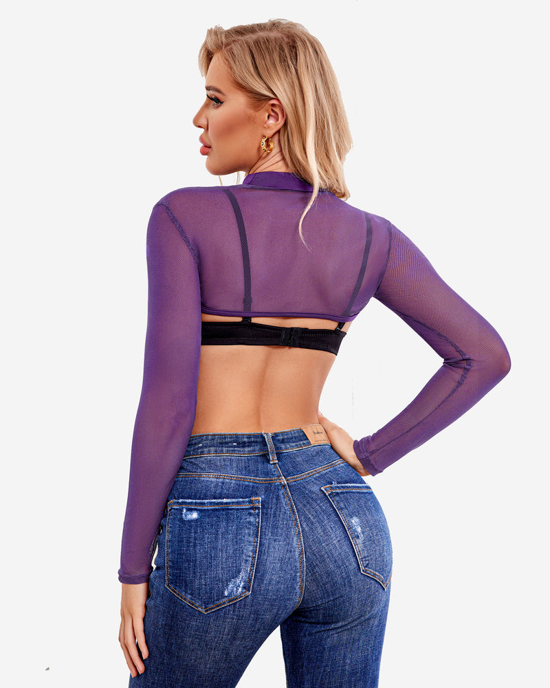Mock neck long sleeve crop top, purple sheer back view