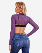 Sheer purple long-sleeve crop top with high neck and back strap detailing