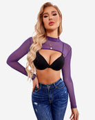 Sheer purple long-sleeve crop top with high neck and front cutout panel