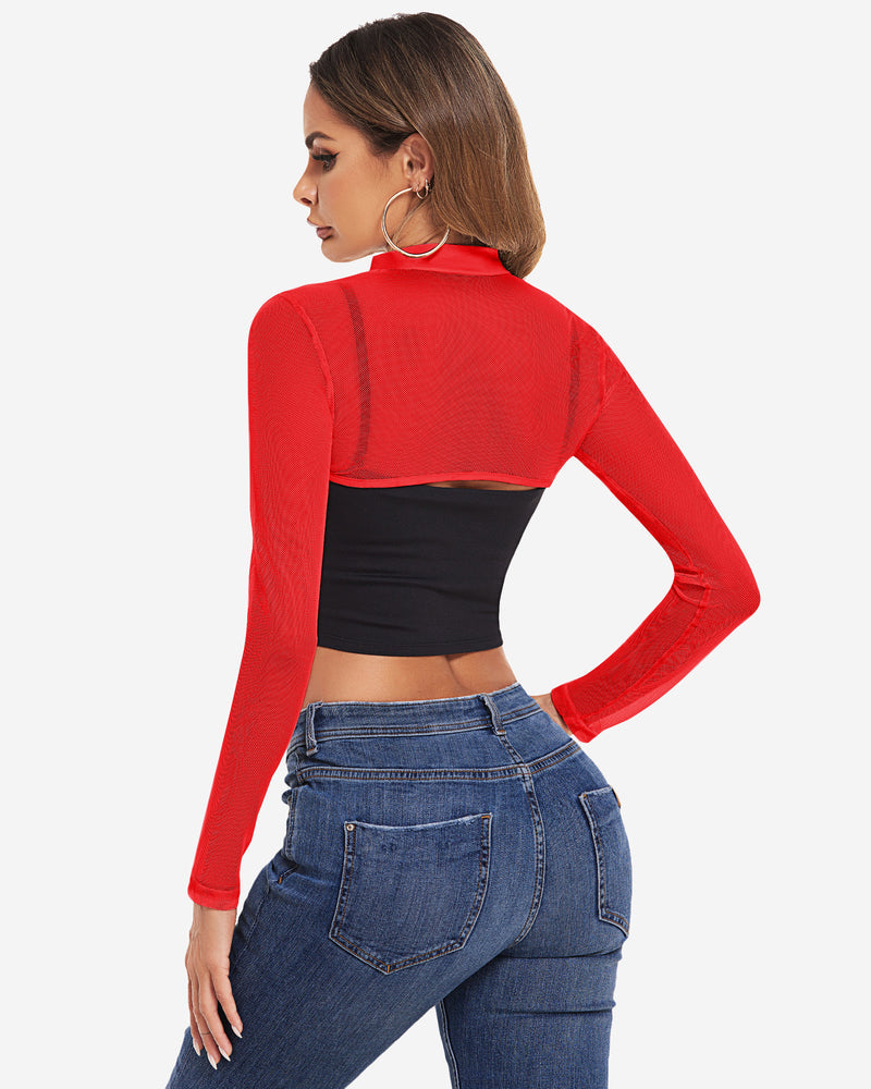 Mock neck long sleeve crop top, red knit, back view