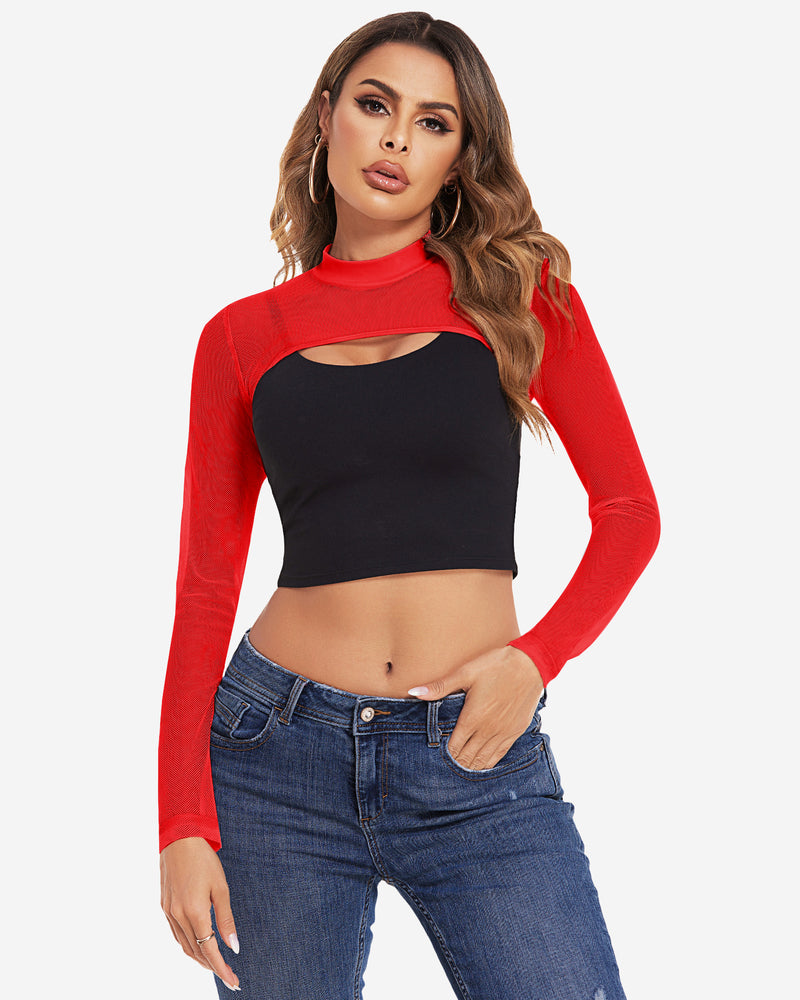 Mock neck long sleeve crop top, red with black front panel and cutout neckline