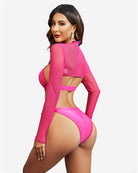Mock neck long sleeve crop top, pink sheer with open back and straps
