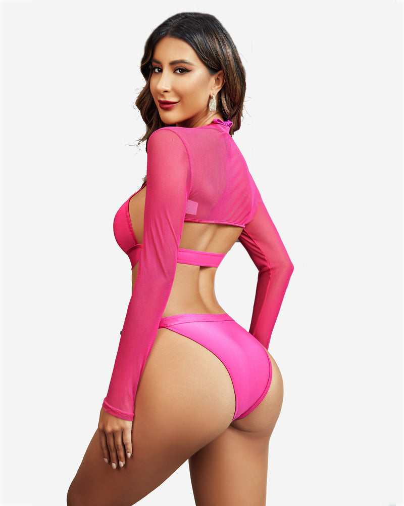 Sheer pink long-sleeve crop top with high neck and back strap cutouts