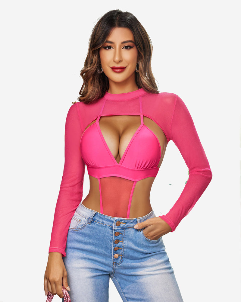 Mock neck long sleeve crop top, pink sheer with strappy front and cutout