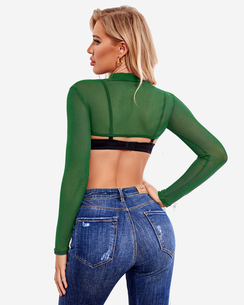 Mock neck long sleeve crop top, green sheer back view with strap detail