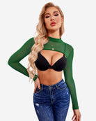 Sheer dark green long-sleeve crop top with high neck and front cutout panel