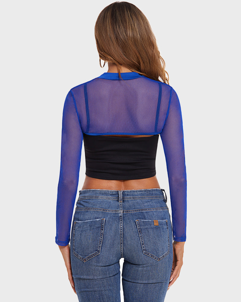 Mock neck long sleeve crop top back view; sheer blue sleeves over black bodice