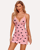 Pink heart-print lace-trim satin slip nightie with spaghetti straps and V-neck, front