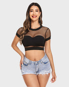 Black fishnet crop top with short sleeves and crew neck, stretchy mesh texture.