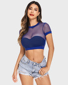 Blue fishnet mesh crop top with short sleeves and crew neck, fitted cropped hem.