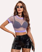 Lavender mesh crop top with short sleeves, round neckline, and elastic ribbed waistband