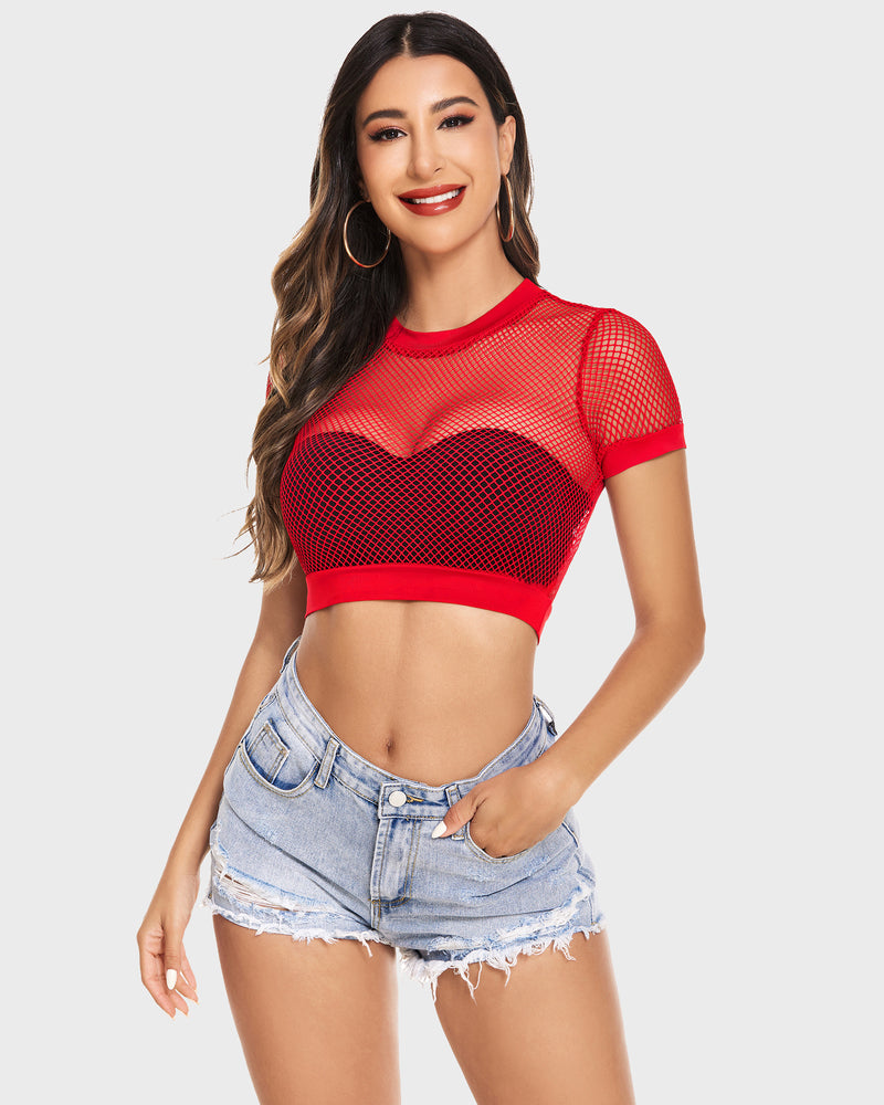 Red fishnet mesh crop top with short sleeves and crew neck, stretchy net pattern.