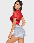 Red fishnet crop top with short sleeves and crew neck, sheer mesh and fitted waist hem.
