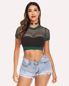 Dark green fishnet crop top with short sleeves, crew neck, and ribbed waist hem