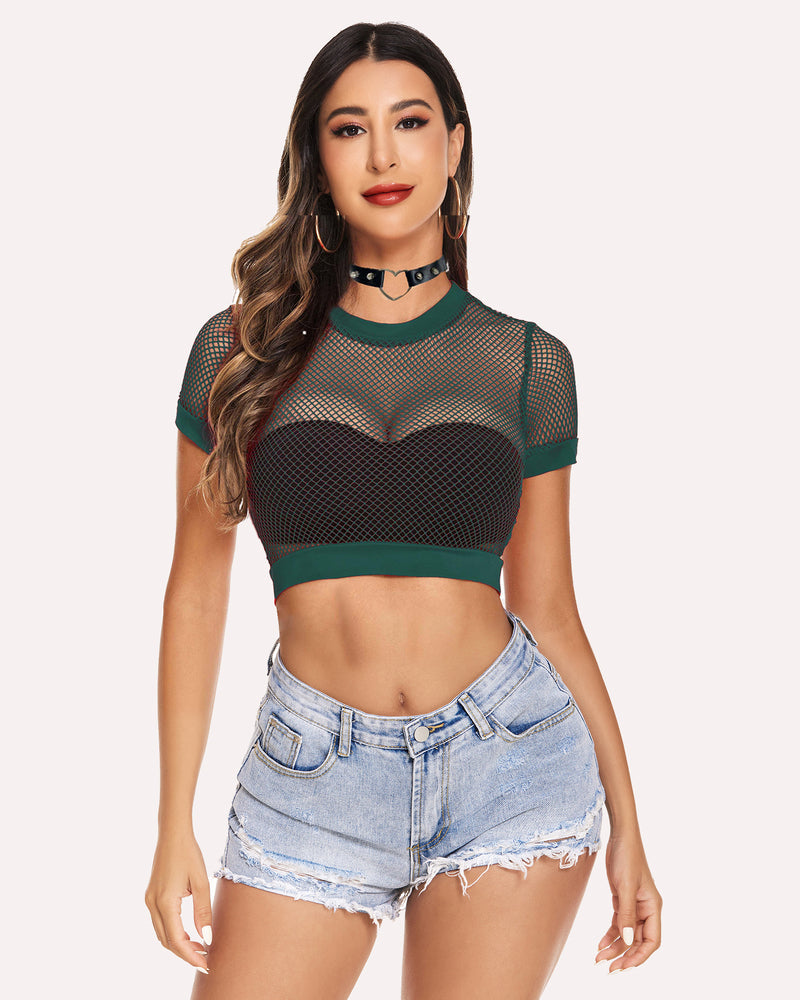 Dark green fishnet crop top with short sleeves, crew neck, and ribbed waist hem