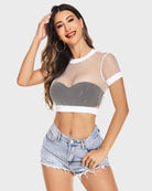 White fishnet crop top with short sleeves and crew neck, sheer mesh with elastic trim.