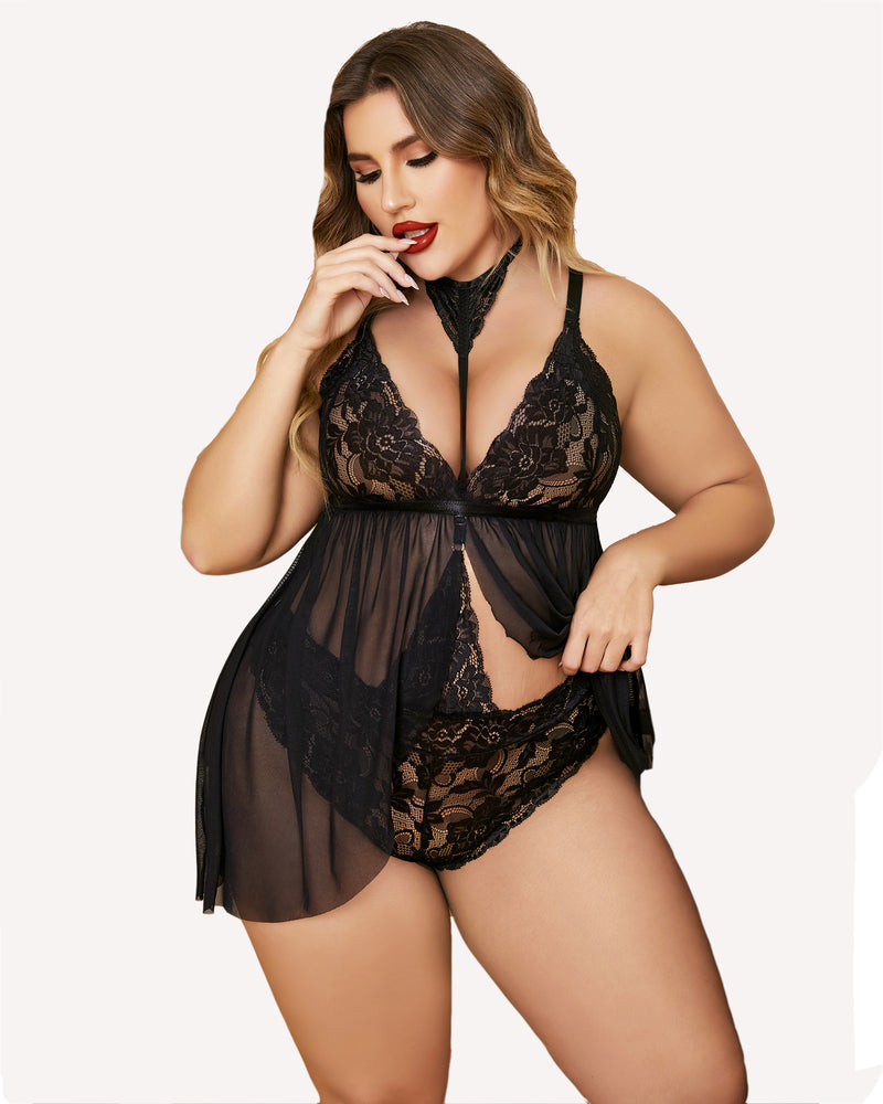 Plus size lace babydoll with black lace cups, mesh overlay skirt, choker neckline