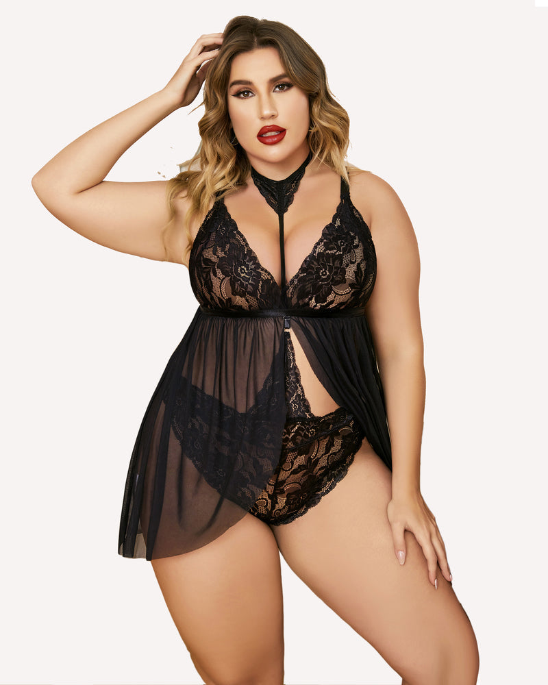 Plus size lace babydoll with black mesh skirt and lace cups, choker neckline