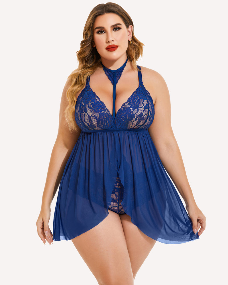 Plus size lace babydoll sleepwear in blue with lace cups, mesh skirt, choker tie