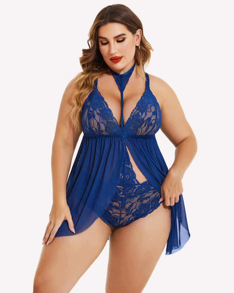 Plus size lace babydoll sleepwear in blue with lace bodice and mesh skirt