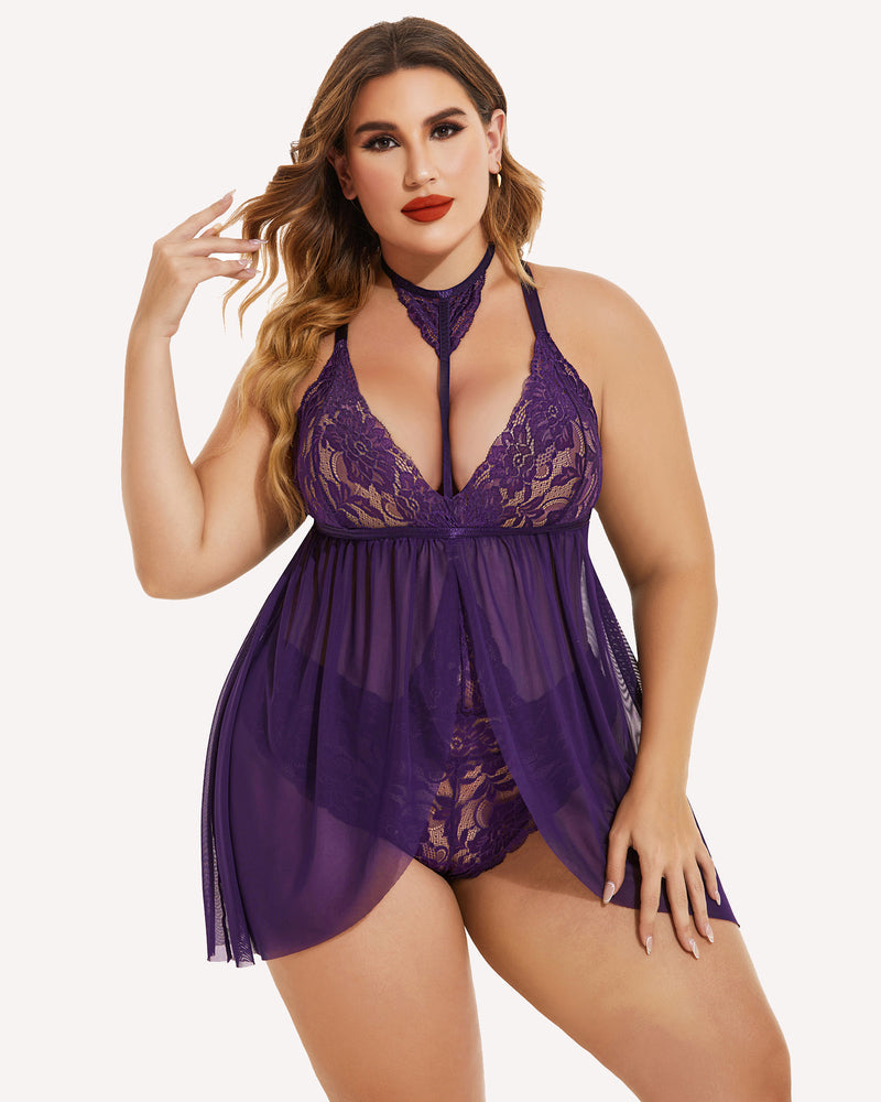 Plus size lace babydoll sleepwear in purple with lace cups and sheer mesh skirt