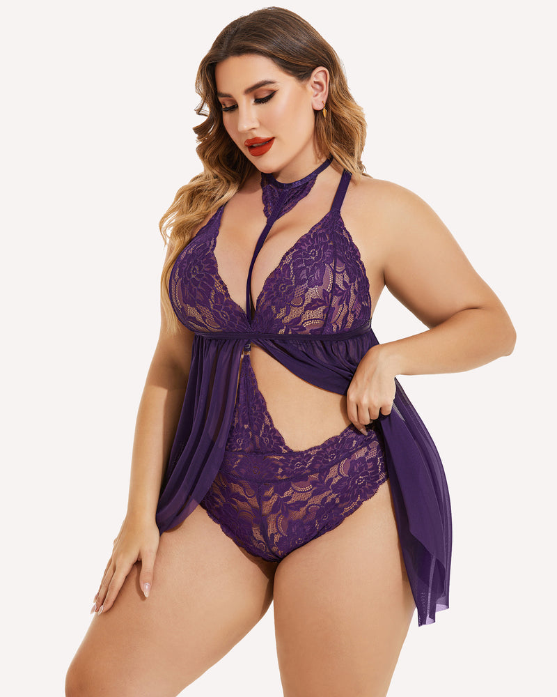 Plus size lace babydoll sleepwear in purple with lace bodice and sheer mesh skirt