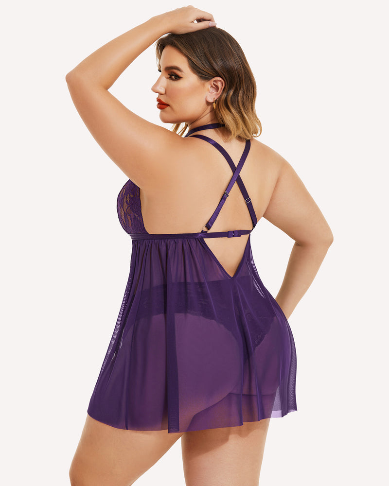 Purple lace babydoll with halter-style choker neckline and crisscross back straps