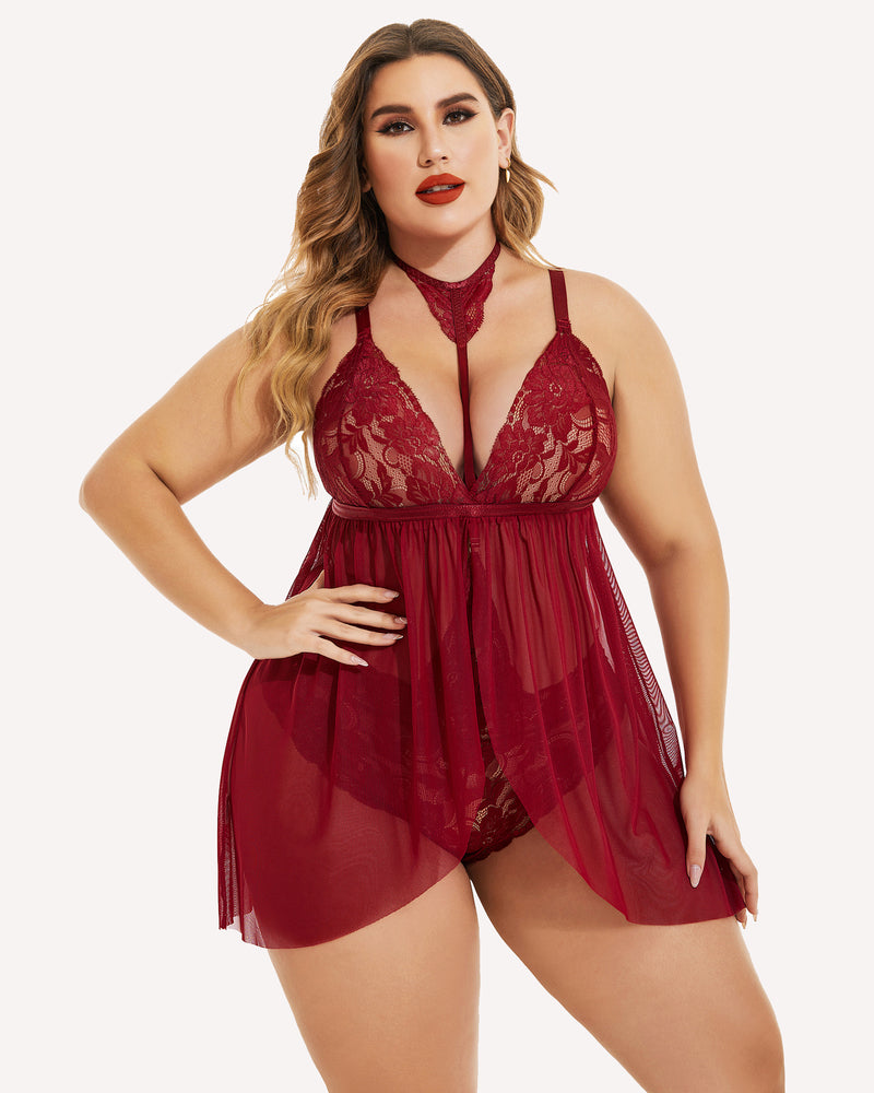 Wine red lace babydoll with high neck choker style and sheer tiered skirt
