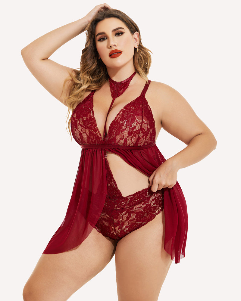 Wine red lace babydoll with deep V front, cutout back, and flowing sheer hem