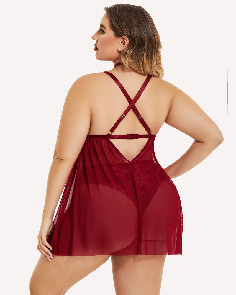 Wine red lace babydoll from back view with crisscross straps and sheer short skirt