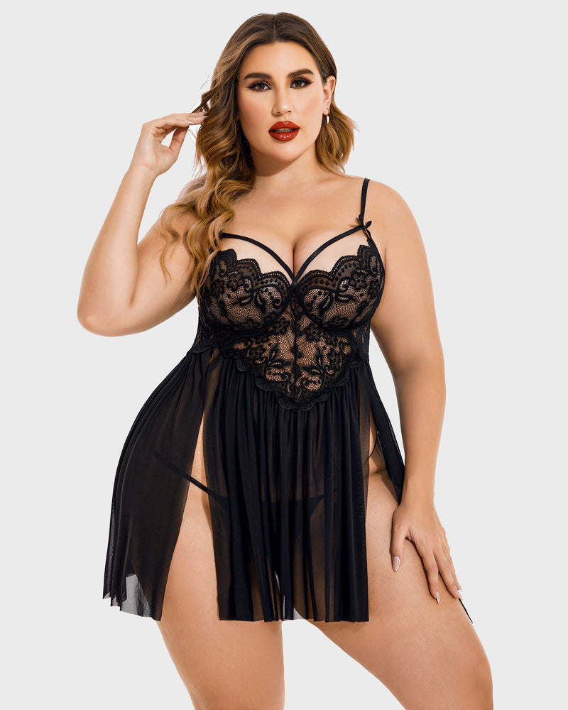 Black lace babydoll chemise with V-neck cups, sheer pleated skirt, and side slit